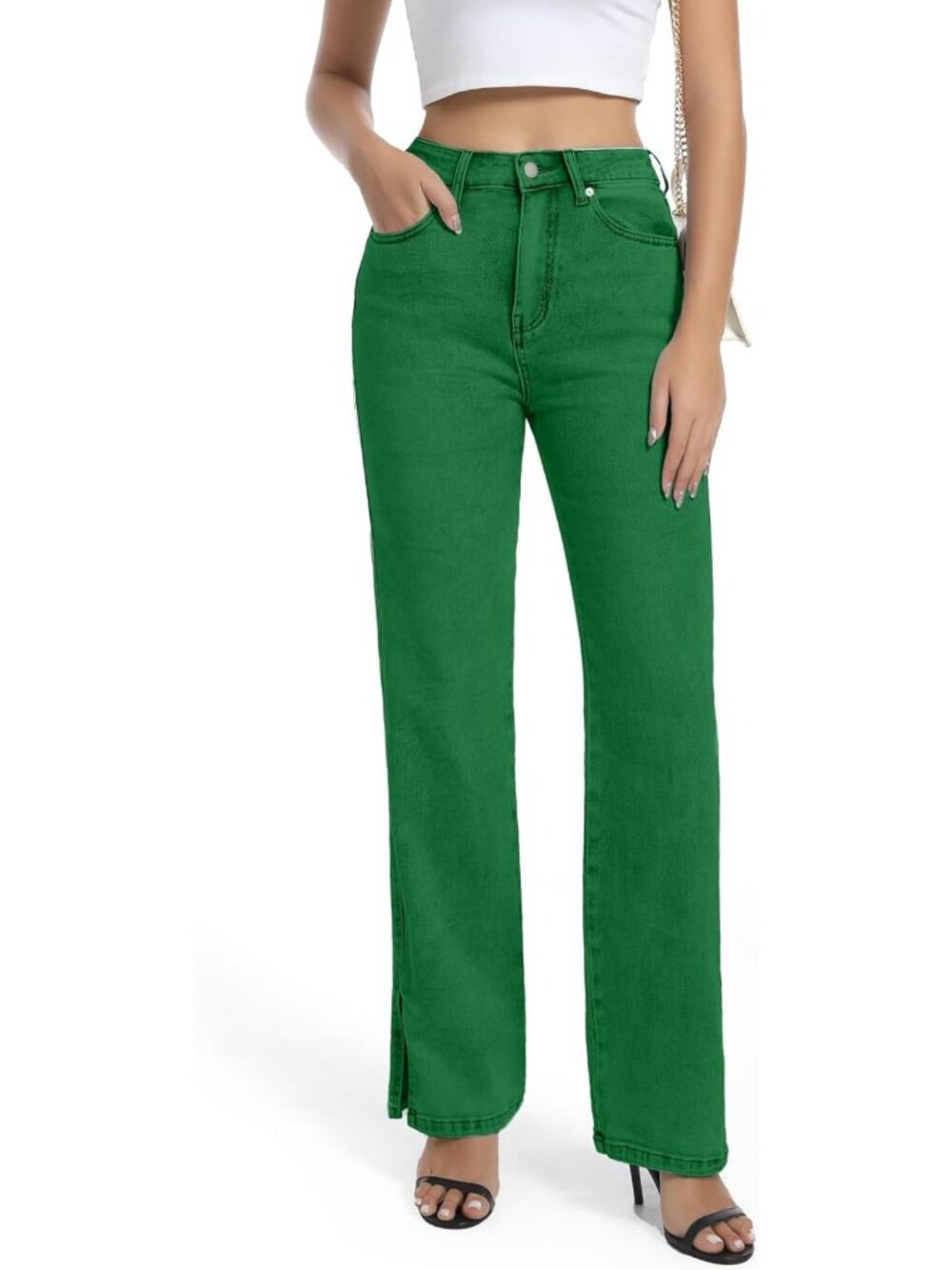 High Waisted Stretchy Straight Leg Split Hem Jeans for Women - Trendy Classic